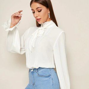 BIZWear Flounce Sleeve Lace Insert Frilled Tie Neck Top